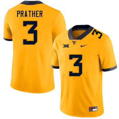 Men's West Virginia Mountaineers NCAA #3 Kaden Prather Gold Authentic Nike Stitched College Football Jersey LG15A31XE